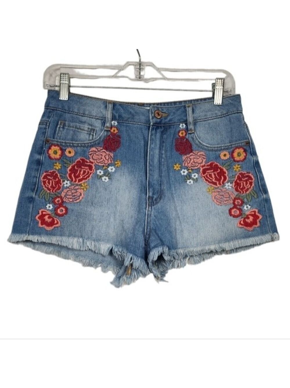 Forever 21 Floral Embroidered Denim Raw Hem Shorts 27